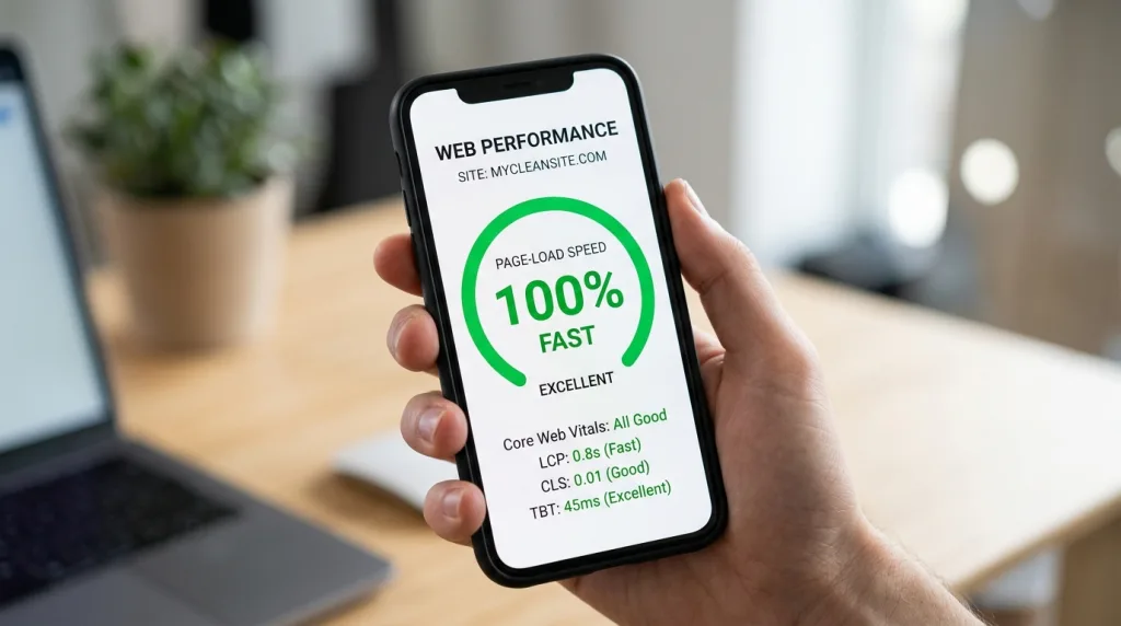 Smartphone screen displaying high page speed performance score and responsive design.