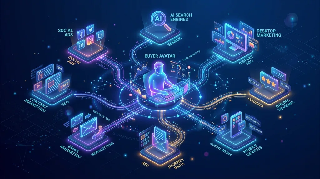 Conceptual illustration of a modern buyer journey across digital channels and AI search.