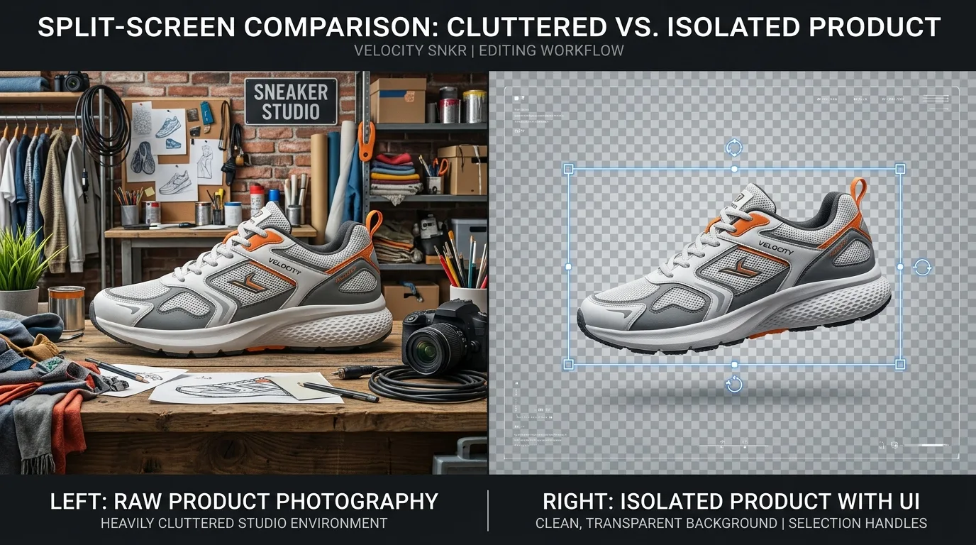Split-screen visual showing a cluttered background image isolated into a transparent backdrop design.