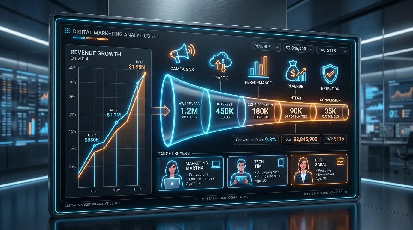 Modern lead generation strategy dashboard showing data analytics and audience growth metrics.