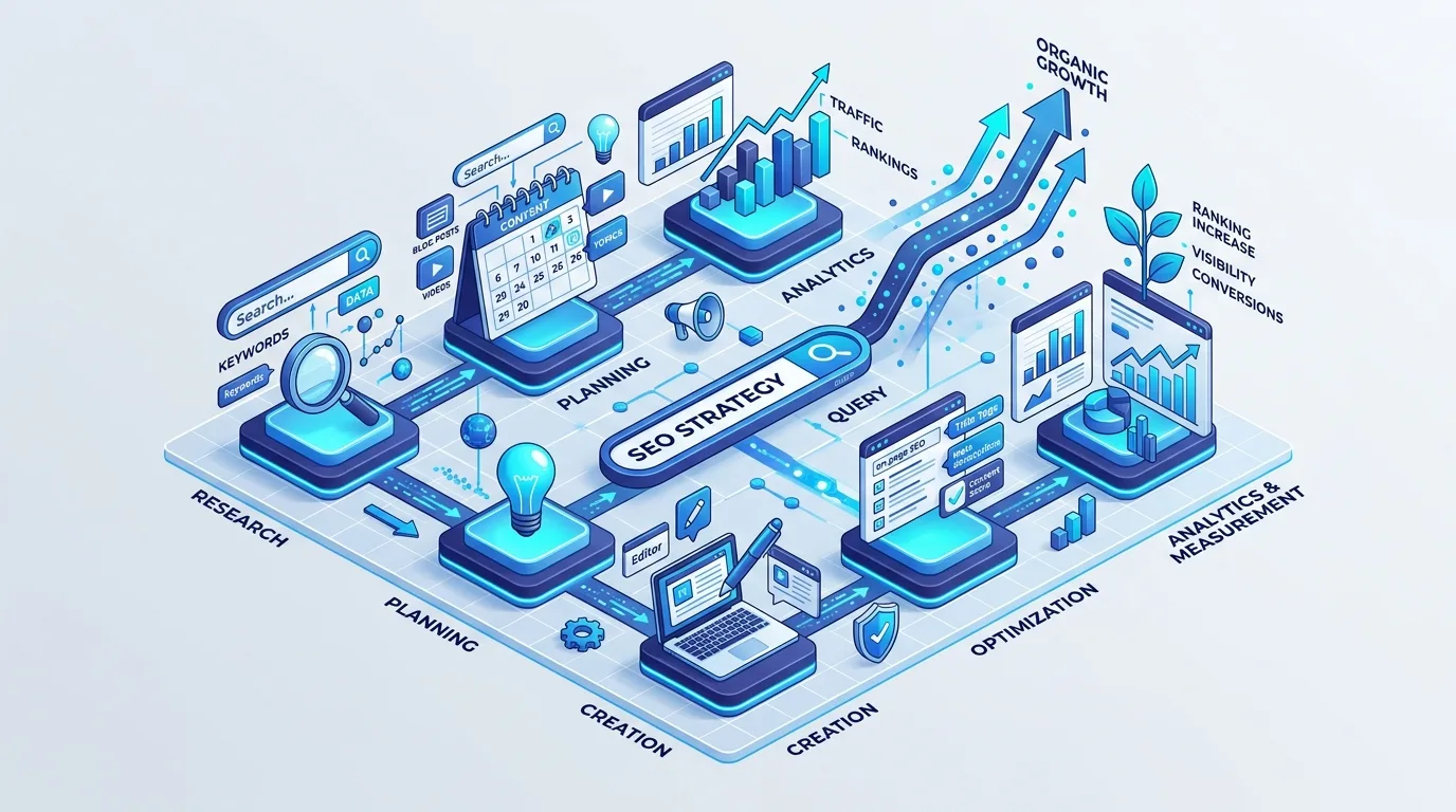 Modern SEO content strategy framework diagram showing search optimization steps.