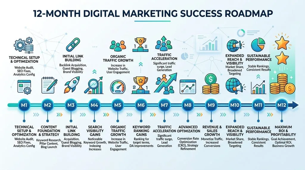 Timeline visual detailing month-by-month traffic and ranking expectations for a monthly SEO campaign.