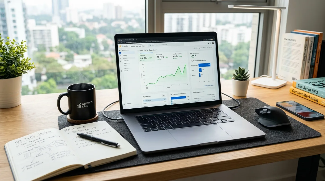 Dashboard on a laptop showing growing traffic charts from a monthly SEO service.