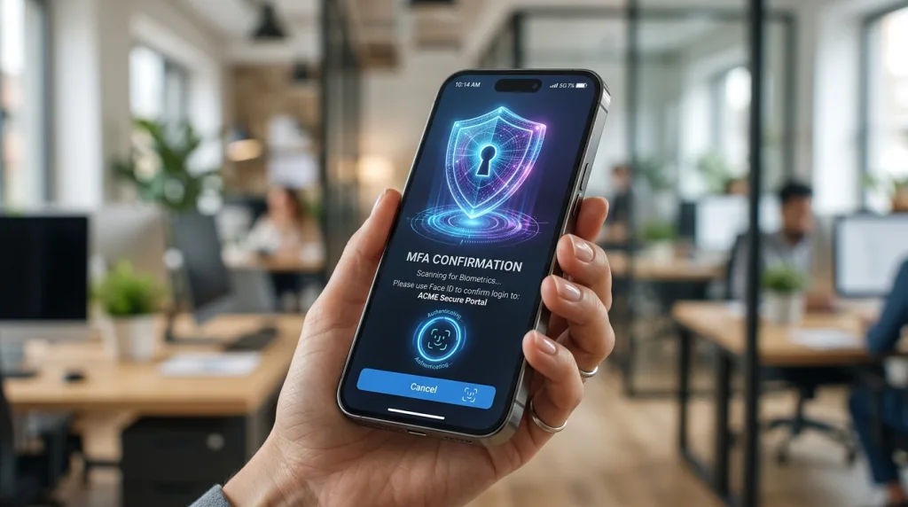 Smartphone screen displaying biometric fingerprint scanner and two-factor authentication key