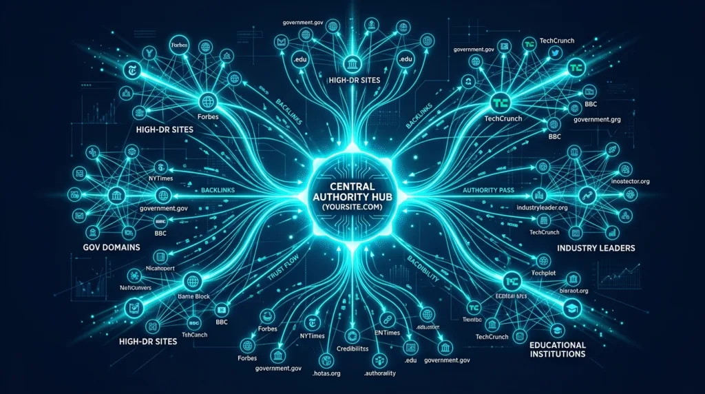 Network diagram illustrating high-quality external backlinks pointing to a central trusted website.