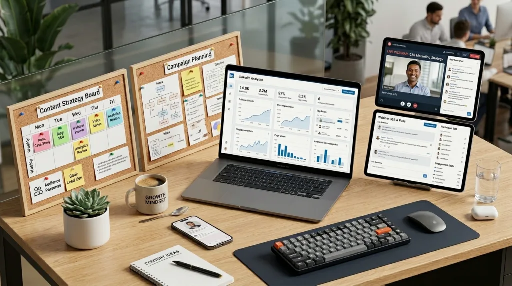 Professional multi-channel lead generation workspace displaying social media and webinar analytics.
