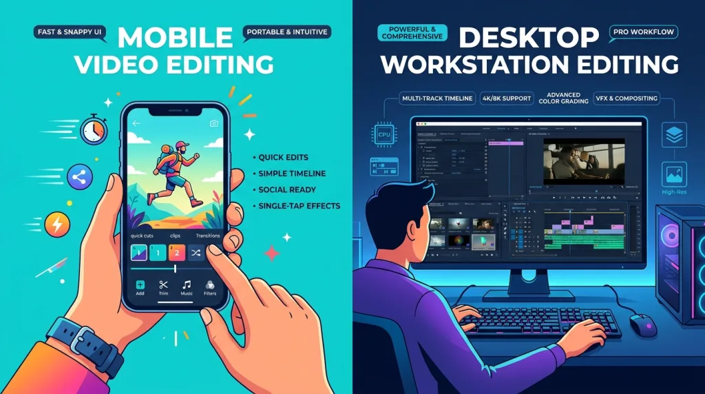 comparison between mobile phone slideshow apps and desktop video editing software.