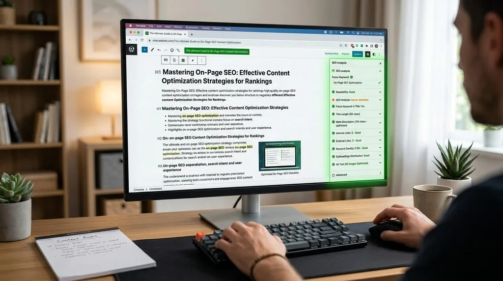 Computer screen displaying high-quality on-page SEO content optimization.