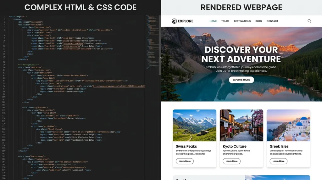Web code transforming into a clean page design.