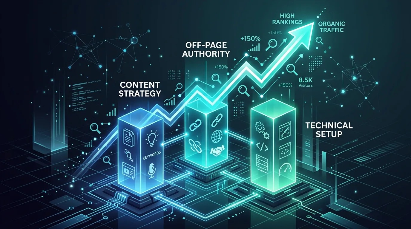 Diagram showing the three core pillars of organic search foundations content, authority, and technical performance.