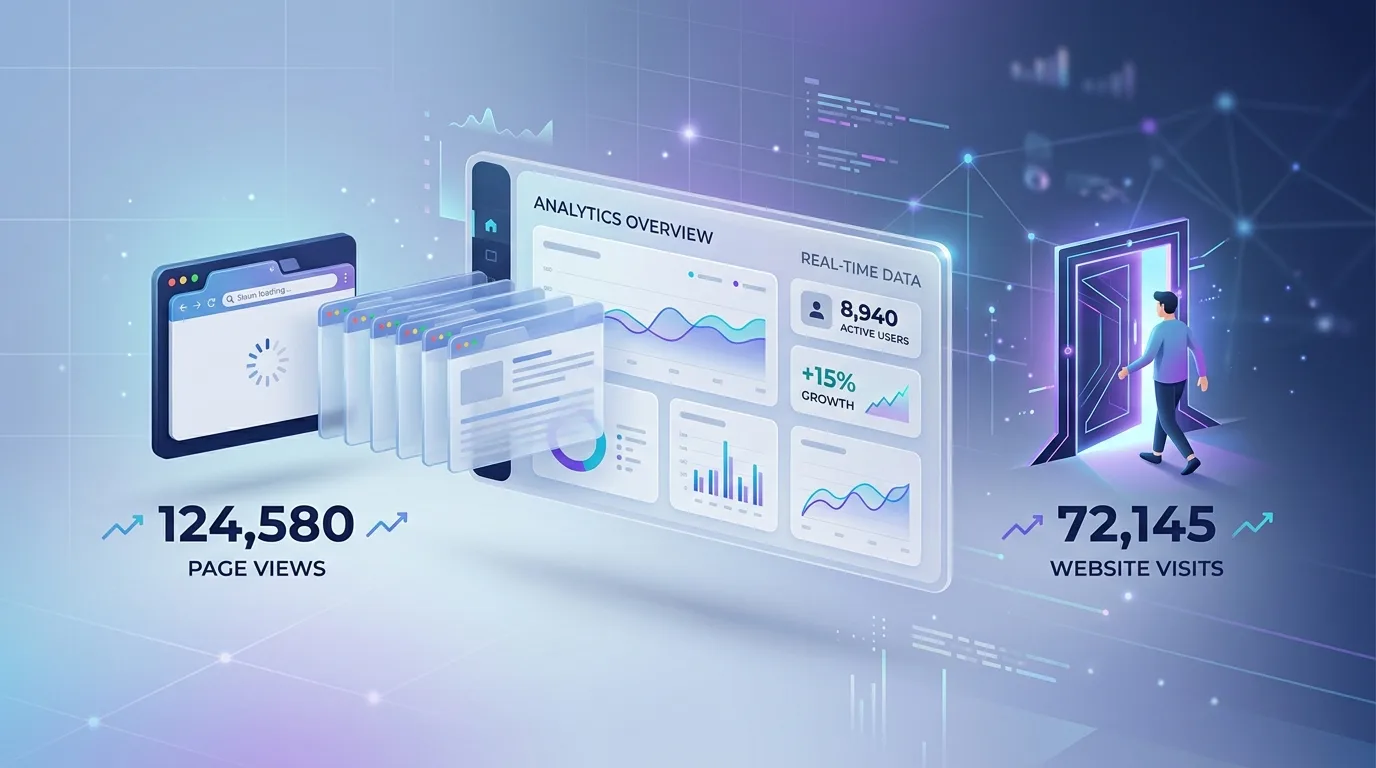 Analytics dashboard illustration comparing page views and website visits side by side