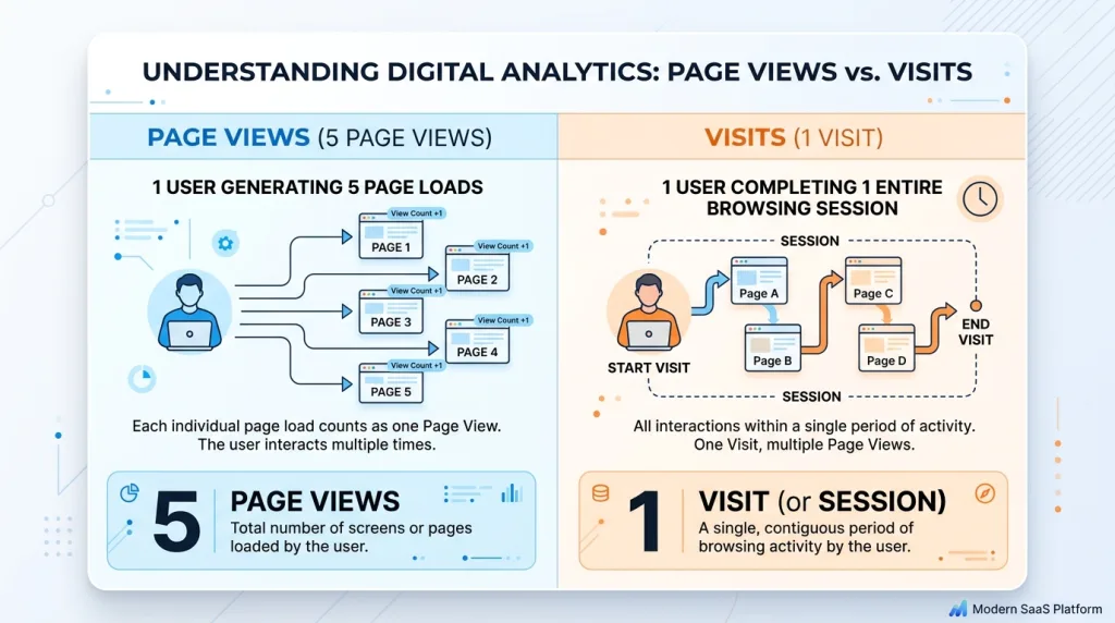 Comparison infographic detailing page views versus visits metrics