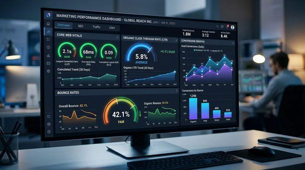 Analytics dashboard showing Core Web Vitals, click-through rates, and bounce rate performance metrics.