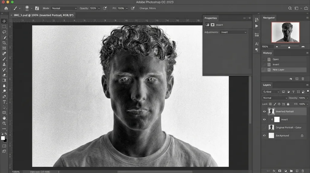 Inverted photographic negative effect on a desaturated layer in Photoshop.