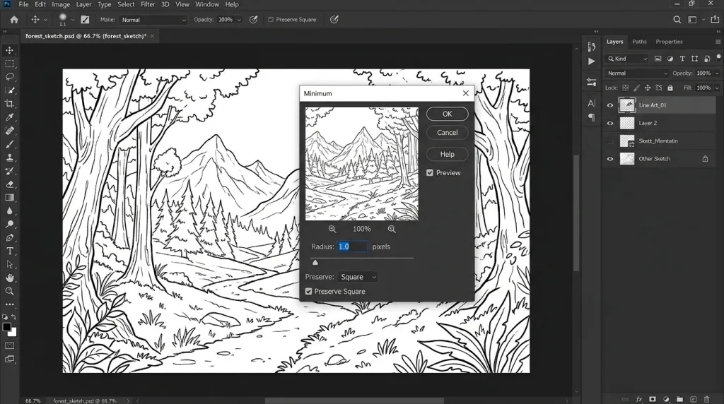 Adjusting line thickness using the Minimum filter dialog box in Photoshop.