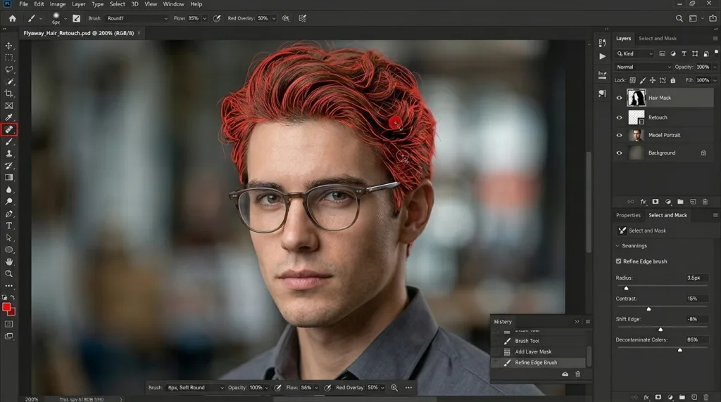 Close-up of Photoshop Refine Edge brush isolating complex hair details from a background.