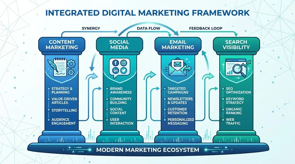 Four core pillars of web marketing: content, social media, email, and search visibility.