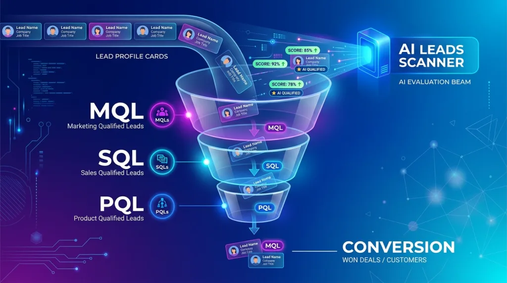 Diagram showing lead classification steps from MQL and SQL to PQL using AI scoring.