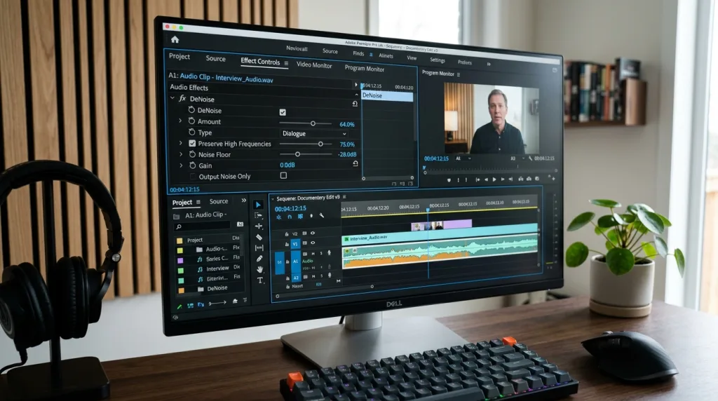 Using the DeNoise effect in Adobe Premiere Pro to clear background static and hiss.