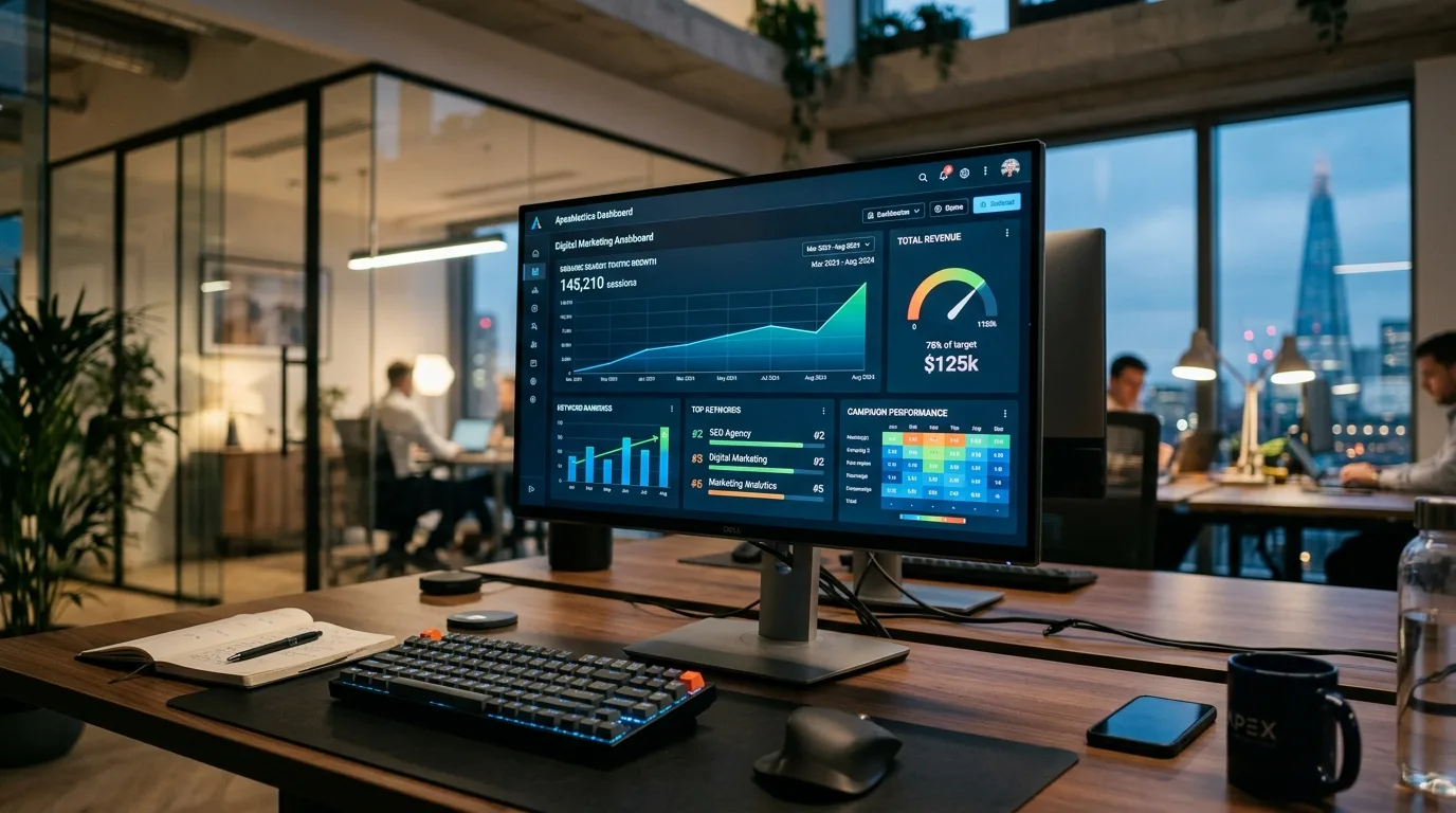 A digital marketing dashboard displaying keyword rankings and organic traffic growth graphs for SEO services.