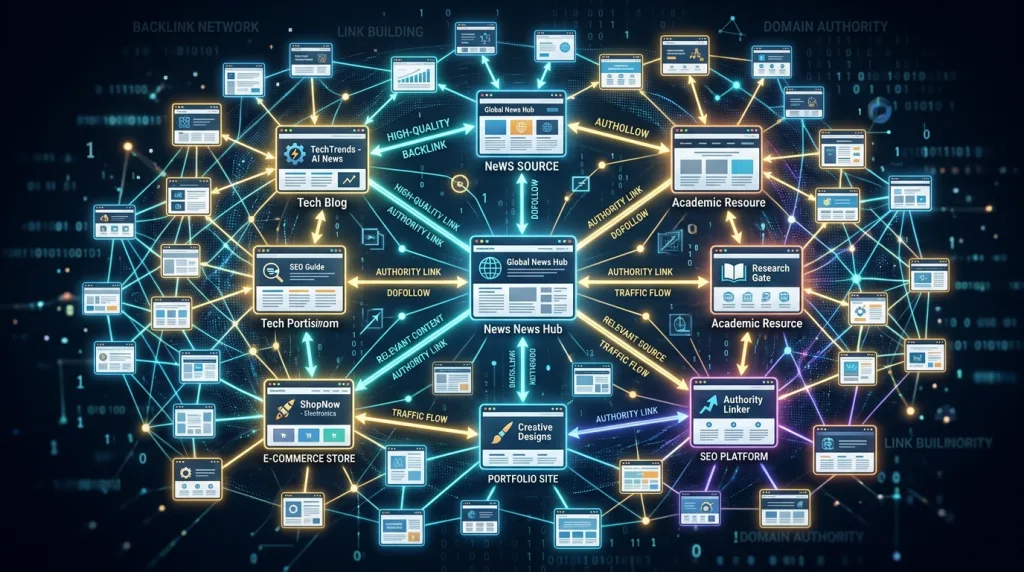 Glowing nodes representing high-quality website backlinks.