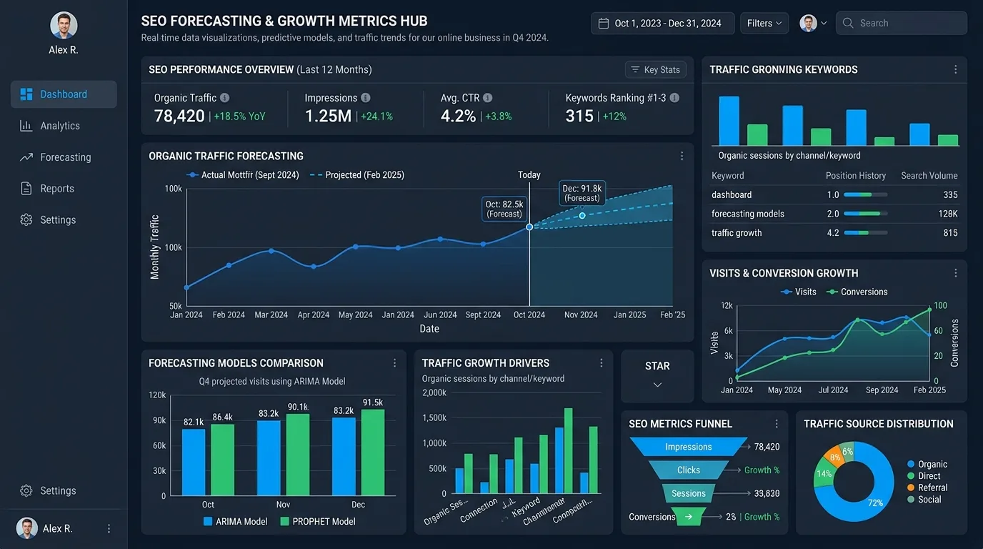 Dashboard graphic showing SEO forecasting models and traffic growth metrics.