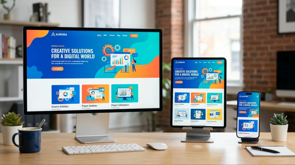 Responsive web design showing the same layout across desktop, tablet, and mobile devices
