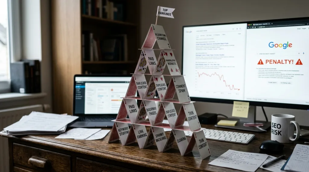 A fragile house of cards representing the high risks of manipulative SEO shortcuts.