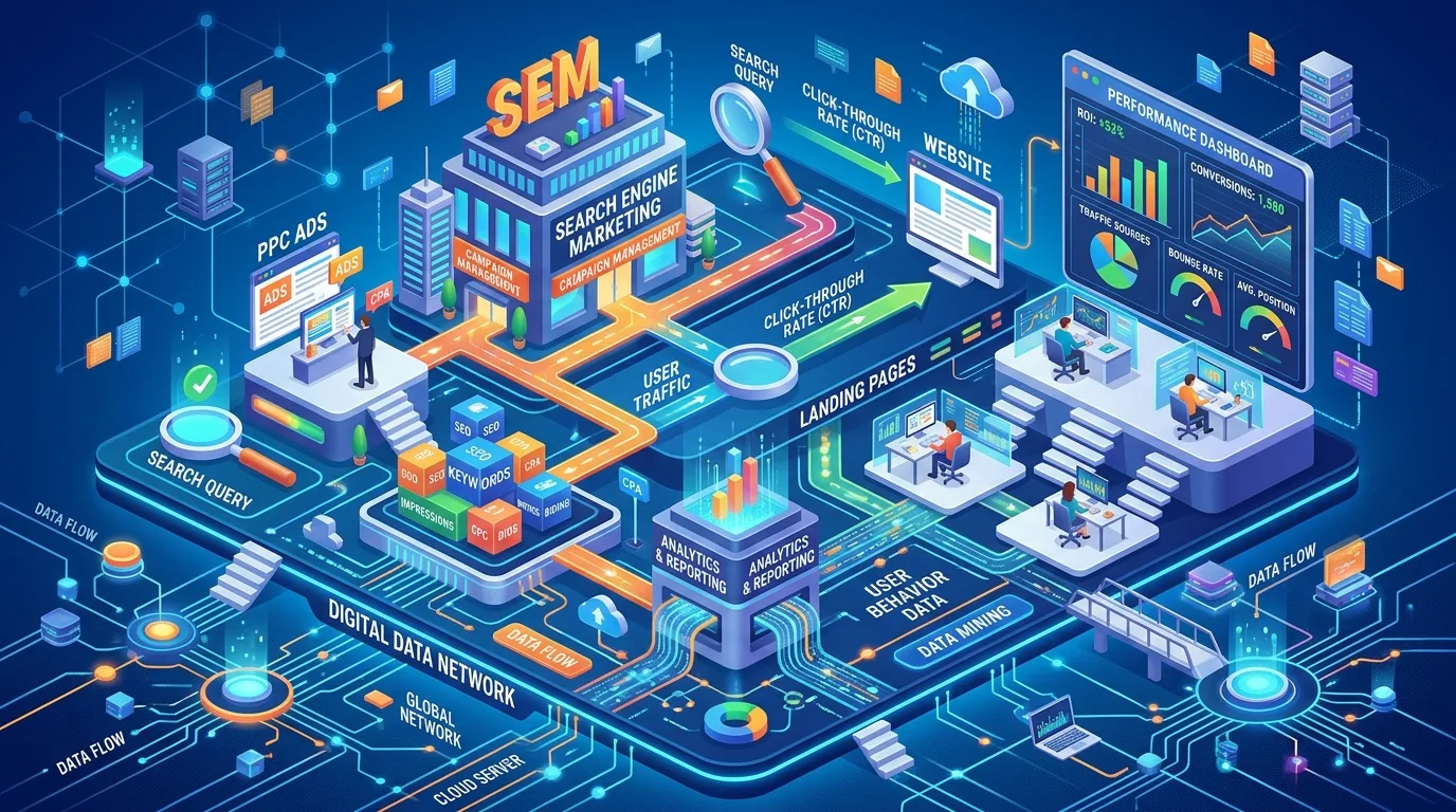 3D isometric illustration of search engine marketing terms, analytics graphs, and digital data networks.