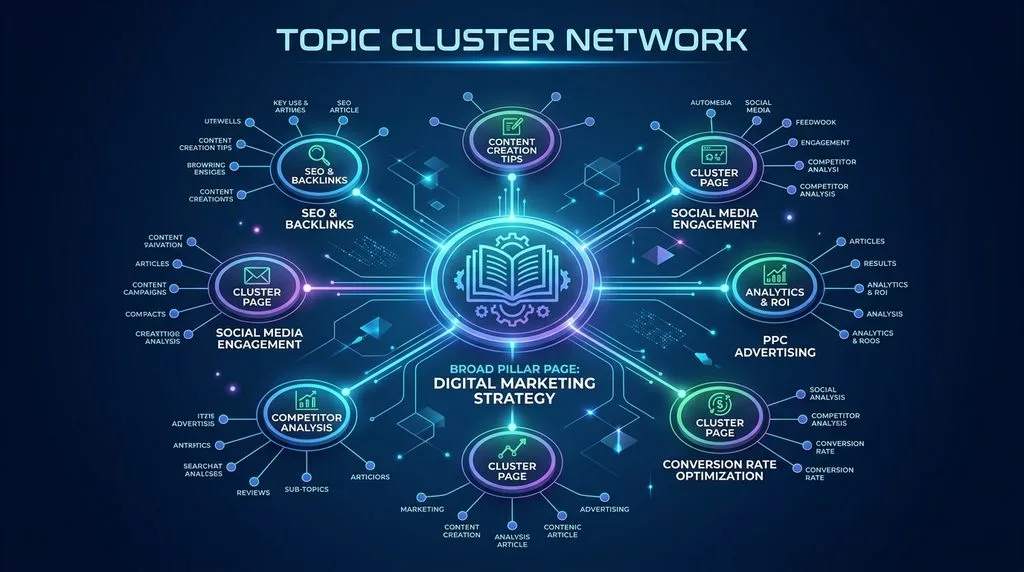 Digital node network illustrating a broad pillar page connected to specific cluster pages.