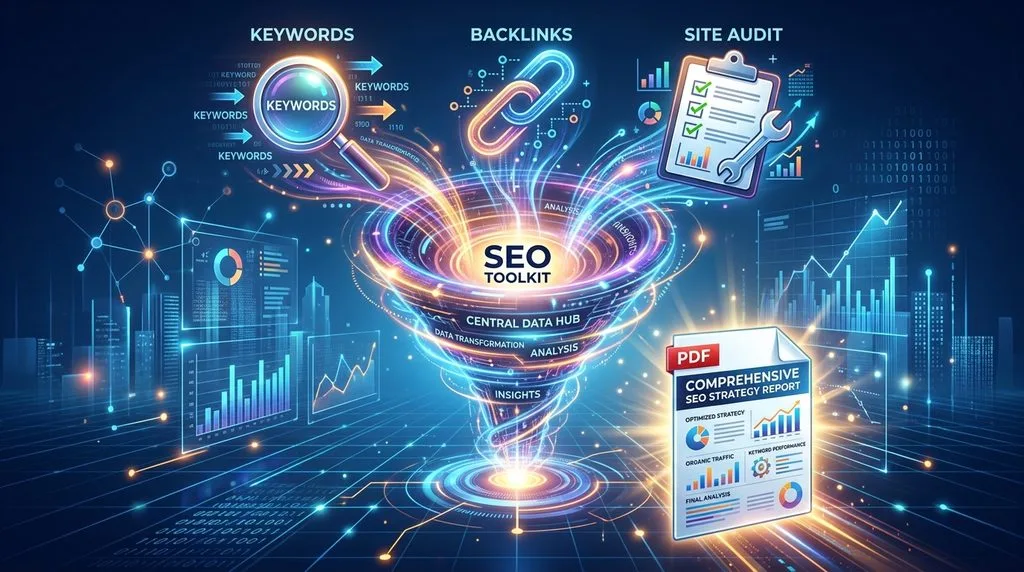 Conceptual graphic showing keyword, backlink, and site audit data combining into one report.