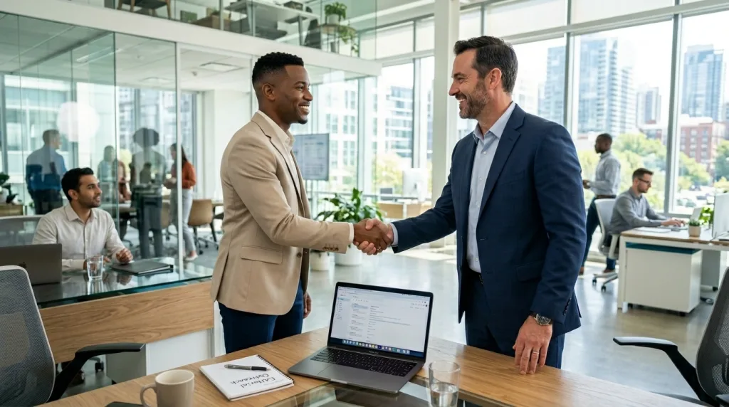 Professionals shaking hands to represent digital PR and successful backlink outreach.