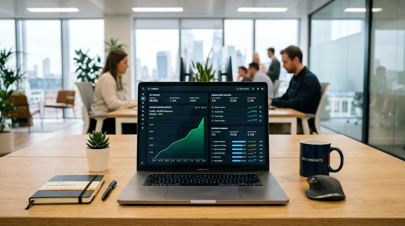Digital marketing dashboard showing organic search traffic growth and ranking analytics.