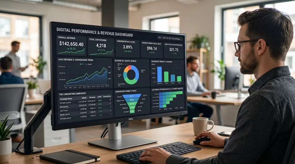 A modern digital analytics dashboard focusing on conversion and revenue metrics rather than vanity rankings.