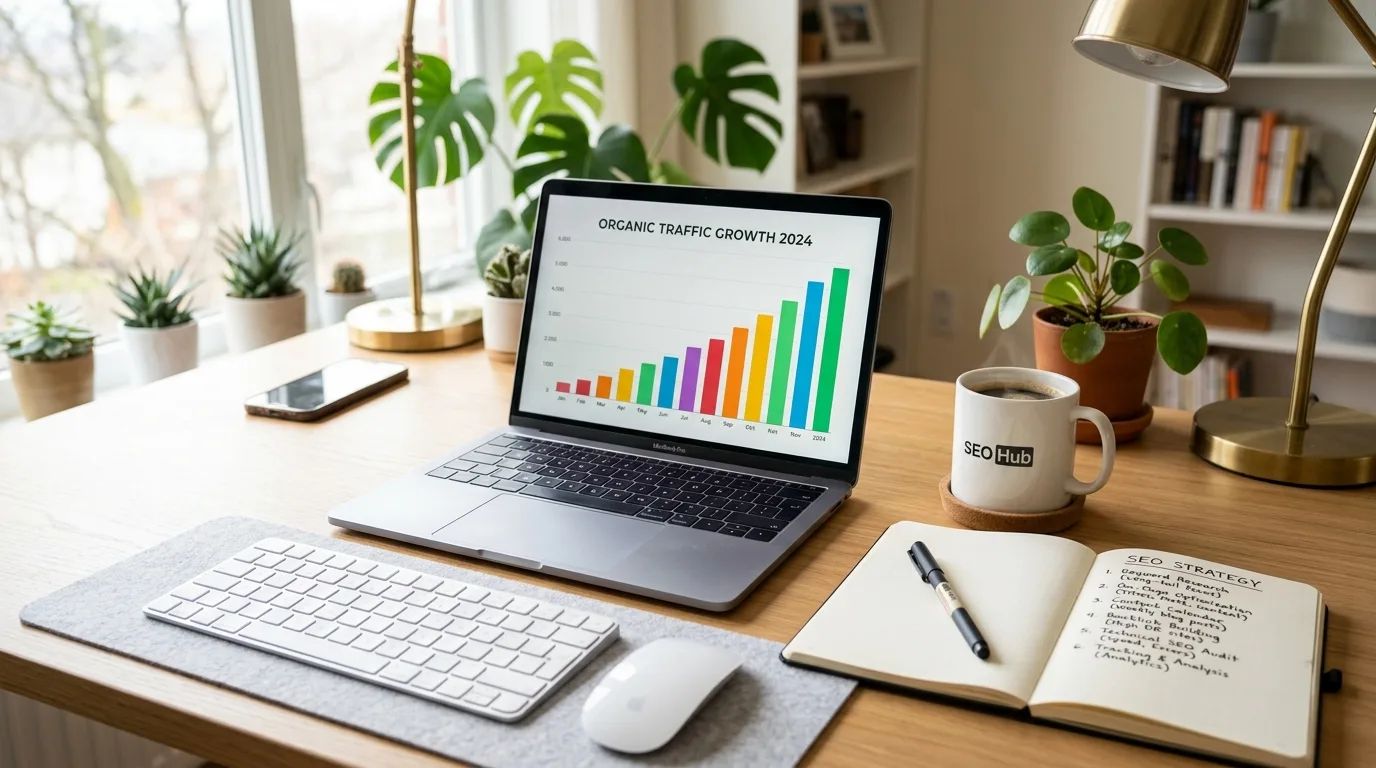 Laptop displaying a rising traffic chart on a modern desk.