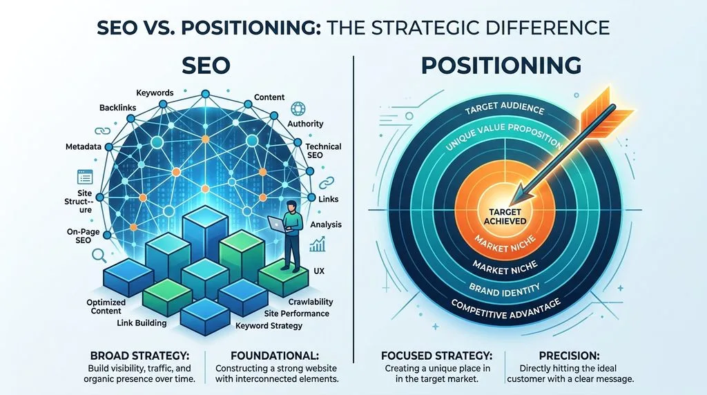 Visual comparison showing broad SEO foundation versus targeted search engine positioning.