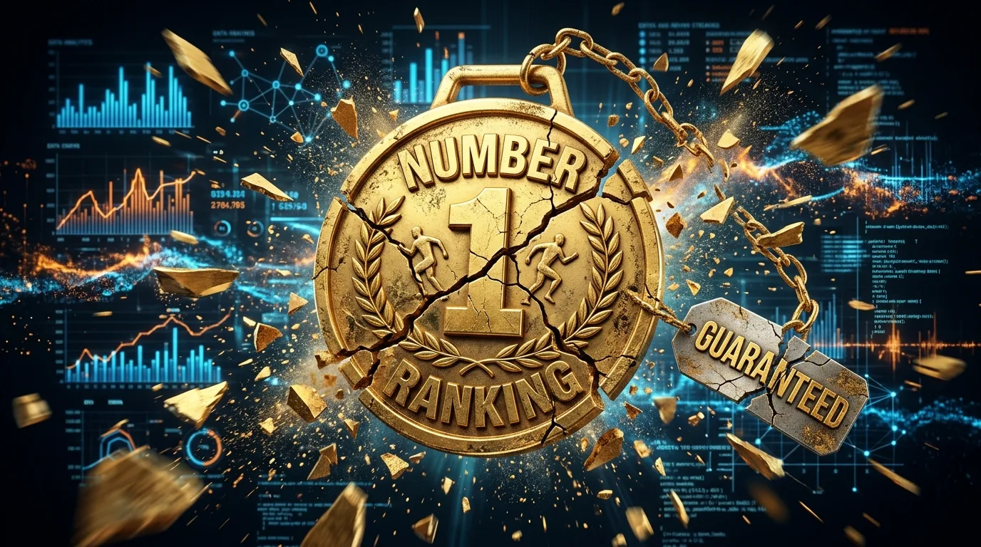 A shattered number one SEO ranking guarantee medal illustrating flawed marketing promises.