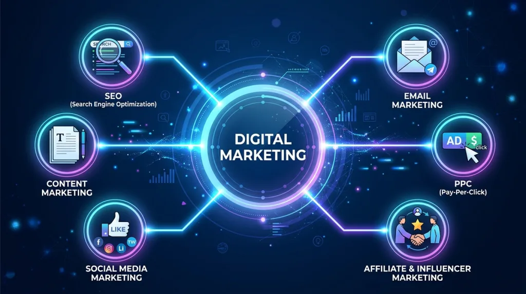 An infographic showing the six core digital marketing channels including SEO, social media, and email.