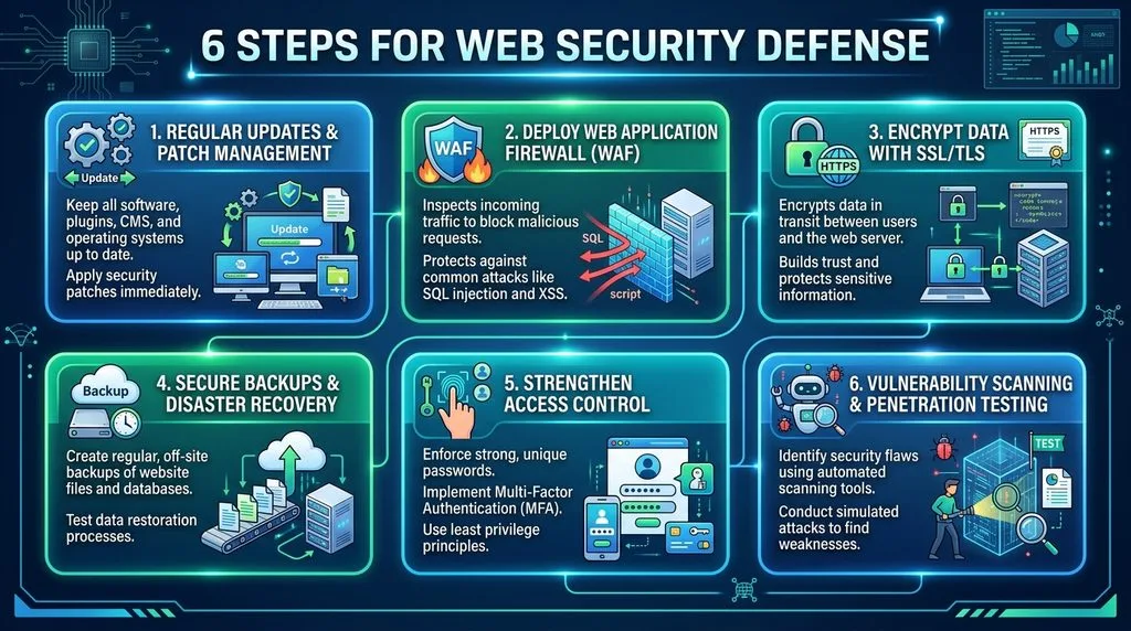 Infographic displaying six steps for web security defense including updates, WAF, encryption, and backups