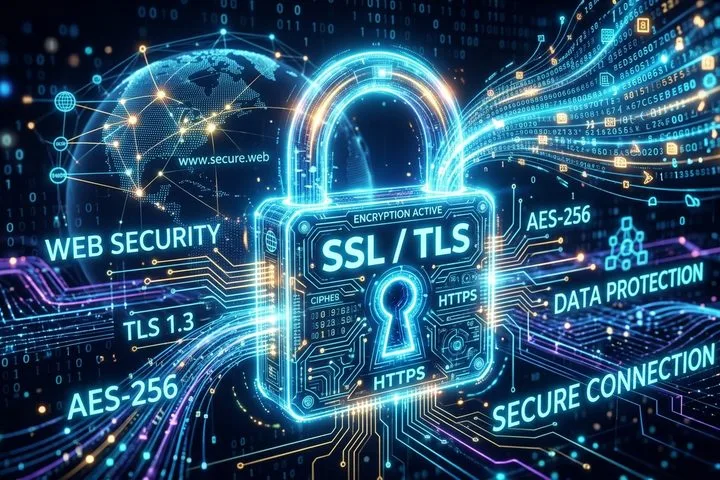 Glowing digital lock concept representing SSL TLS encryption for web security.