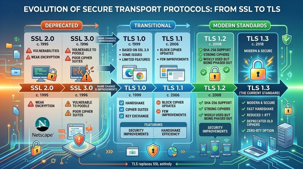 Visual comparison illustrating the evolution from SSL to TLS protocol.