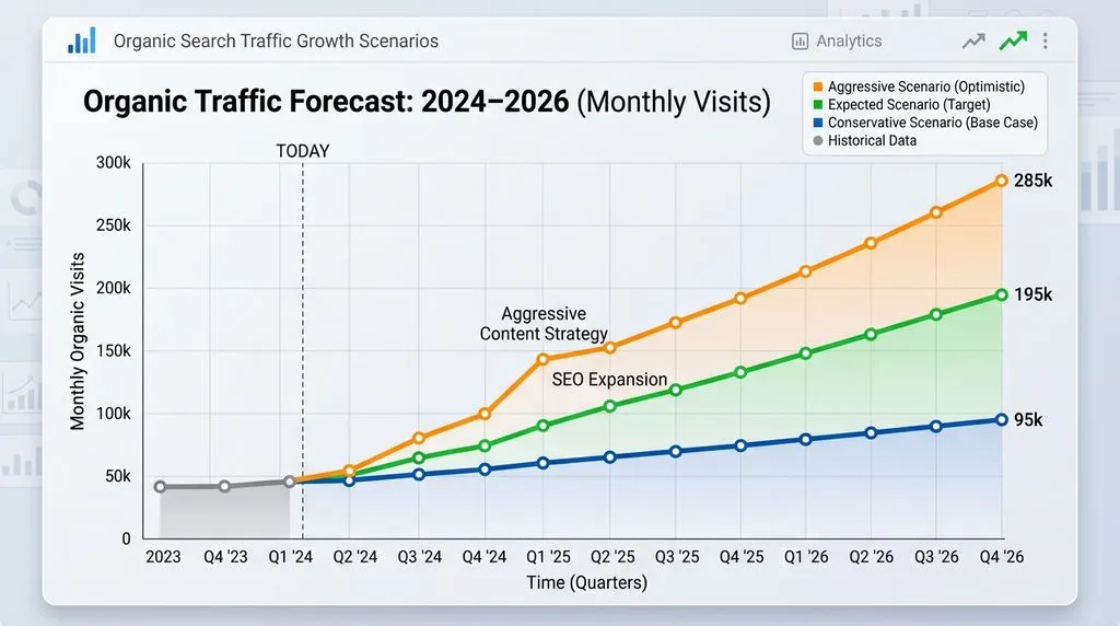 Three-scenario trend line graph displaying conservative, expected, and aggressive organic traffic forecasts.