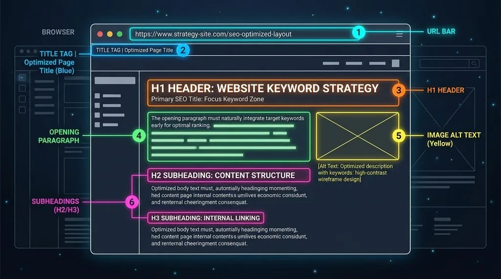 Web page wireframe highlighting key locations for strategic keyword placement such as H1 tag, first 100 words, subheadings, and URL.