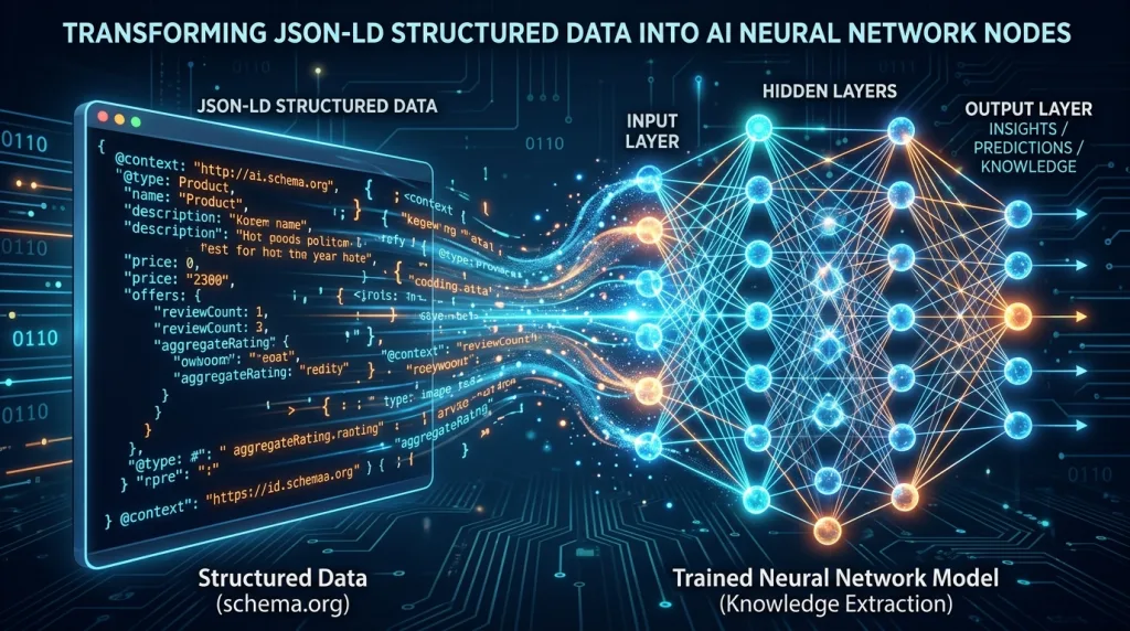 Graphic showing JSON-LD structured data code transforming into AI neural network nodes.