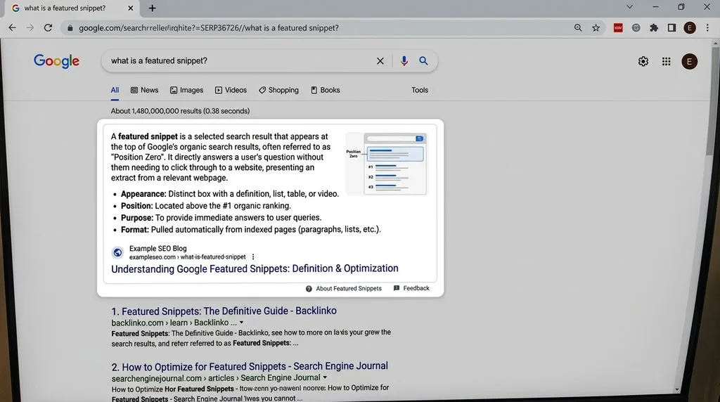 Featured snippet box at position zero on a modern search engine results page.