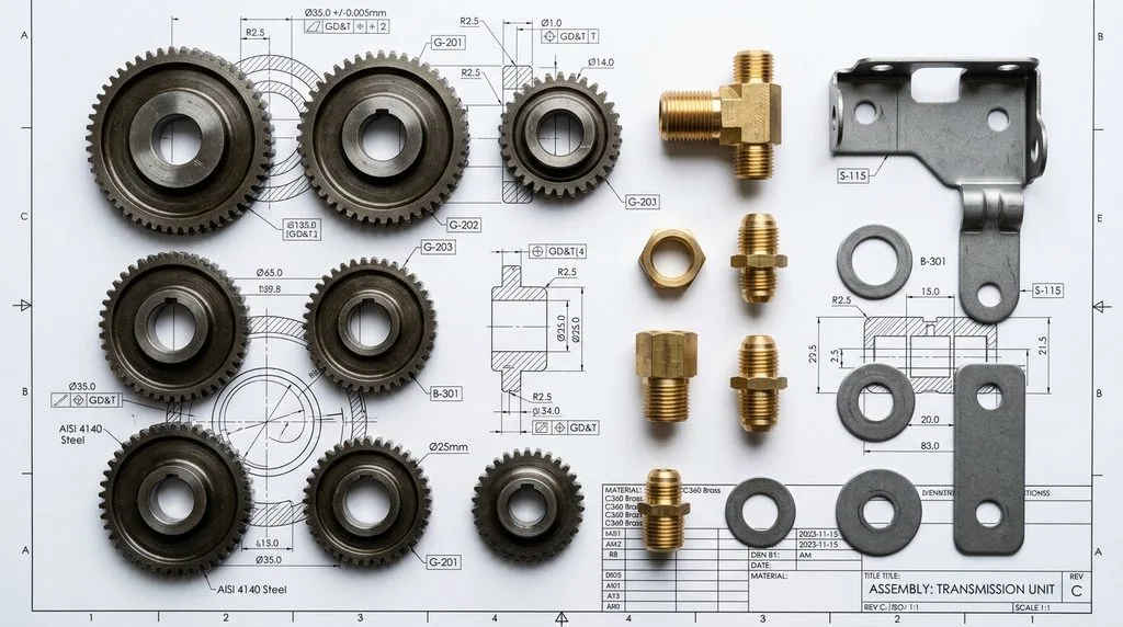 High-precision metal parts and custom components displayed on a technical engineering blueprint.