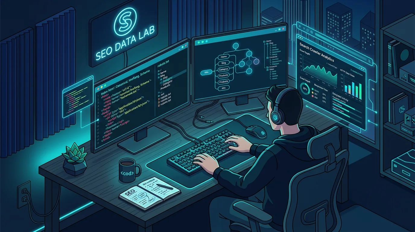 Developer analyzing technical SEO code performance and search engine crawlability on a dual monitor setup.