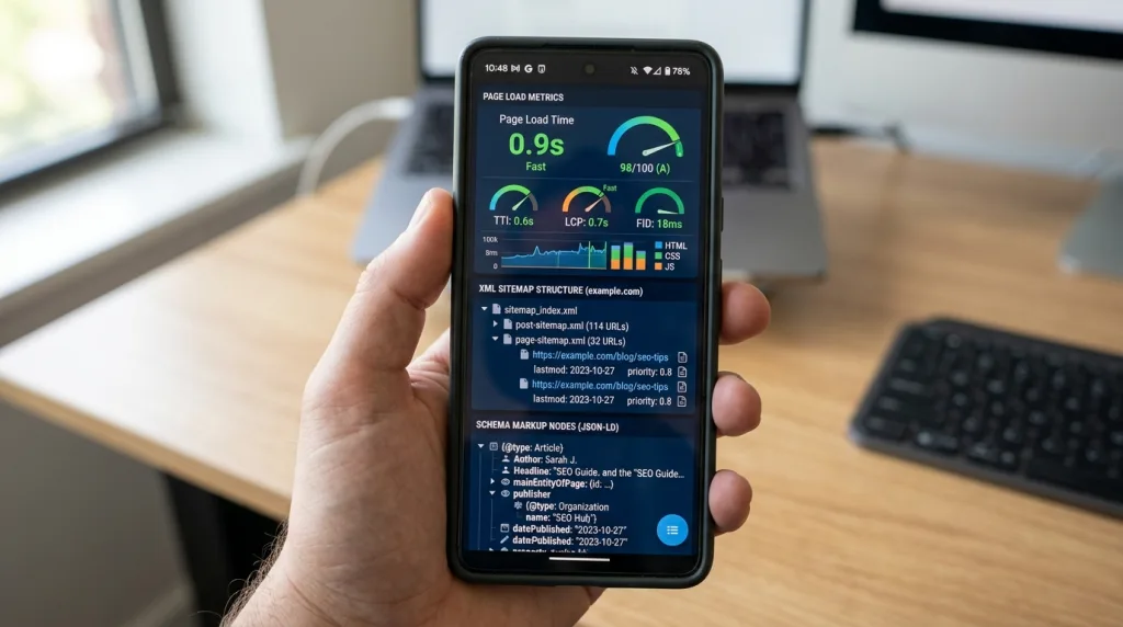 Smartphone screen displaying fast page load metrics, XML sitemap structure, and schema markup nodes.