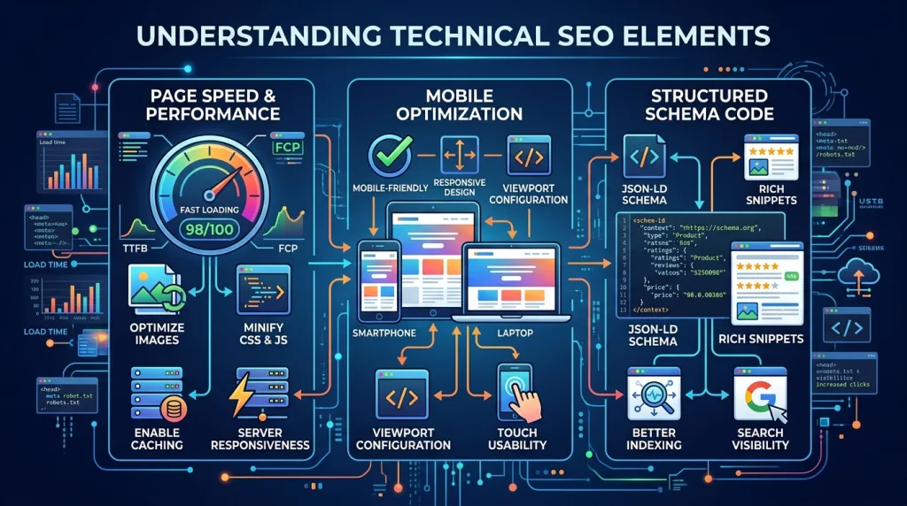 Illustration of technical SEO elements including page speed, mobile optimization, and structured schema code.
