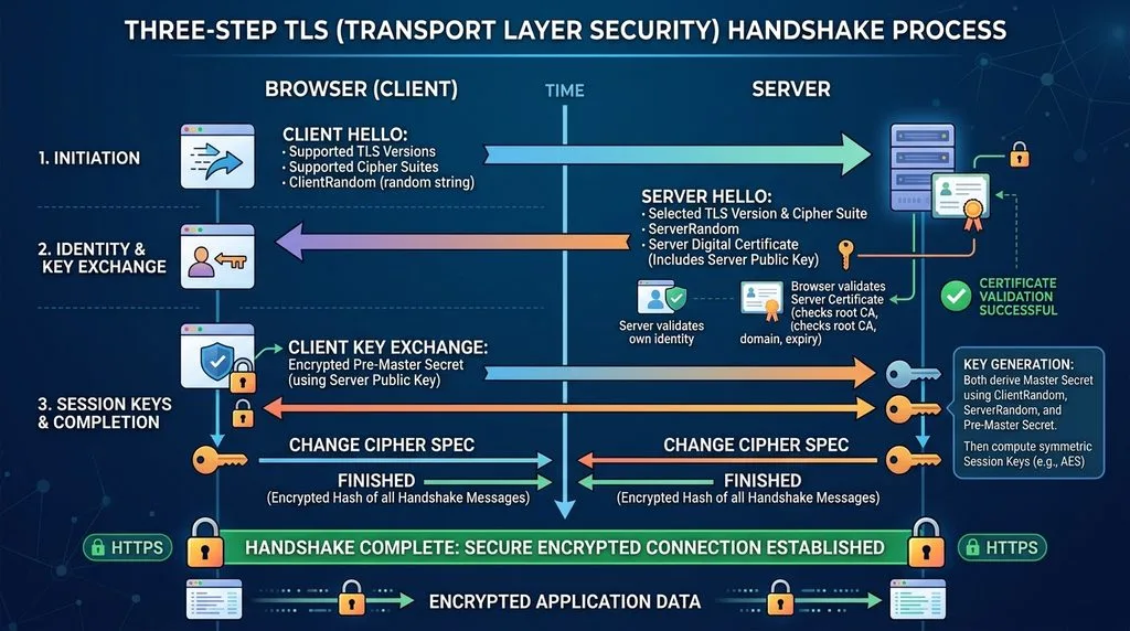 Diagram demonstrating the three-step TLS handshake process between browser and server.